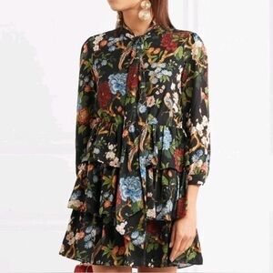Alice + Olivia Breann Chinoiserie Garden Floral Tiered Bow Neck Dress